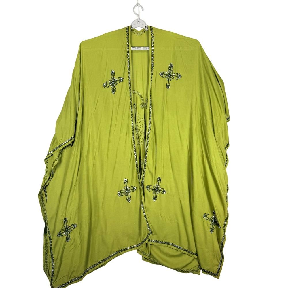 Boho Lime Green Embroidered Sequin Kimono Cardigan Festival Open Front OS - Picture 3 of 10